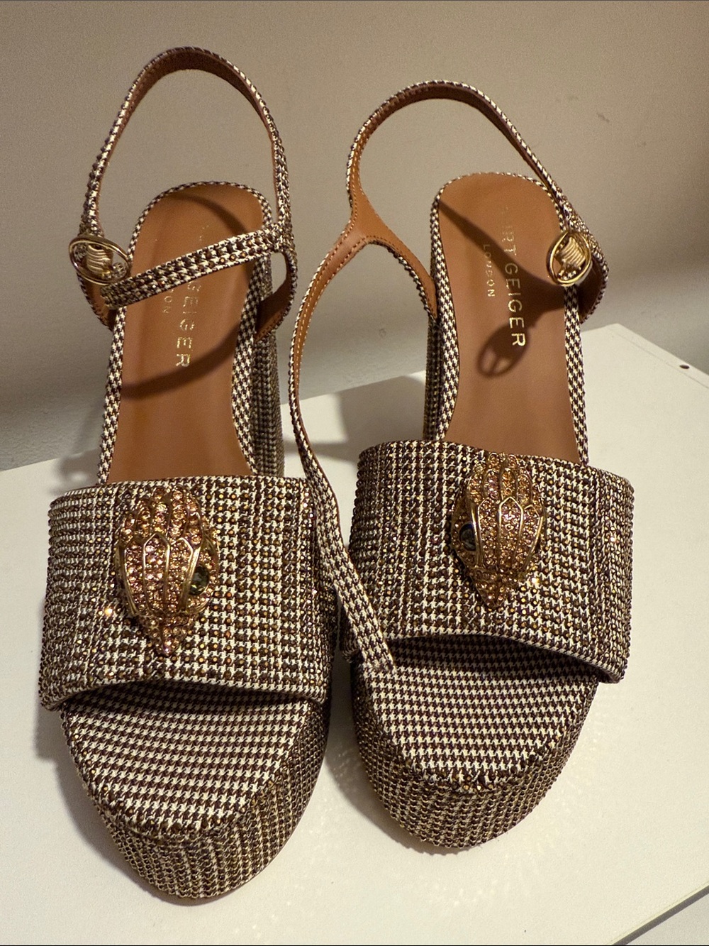 Ted Baker Brown and Gold Tweed Platform Slingback Sandals